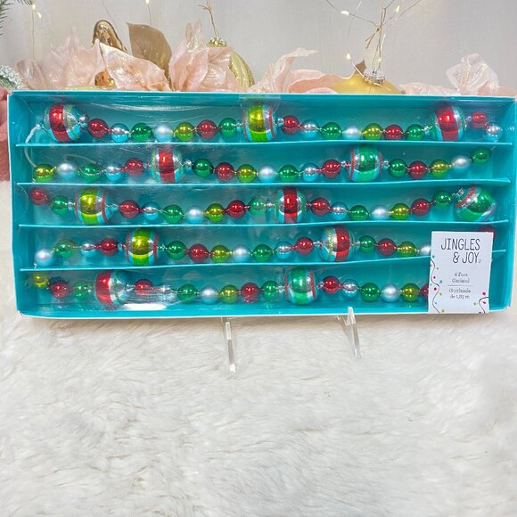 Jingle & Joy Vintage Style Christmas Tree Glass Garland 6' Red Teal SilverNew